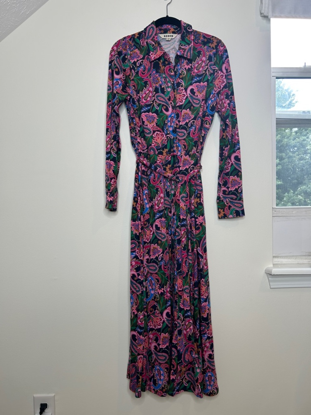 BODEN Marcia Midi Shirt Dress Size 8 Pink Black Paisley Tie Waist - Picture 5 of 15